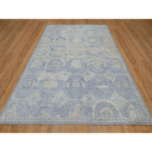 Load image into Gallery viewer, 9&#39;x11&#39;9&quot; Parchment White With Blue, Pure Natural Linen, Mamluk Design, Soft And Silky Feel, Broken And Erased All Over Medallions Pattern, Hand Knotted, Oriental Rug FWR548640