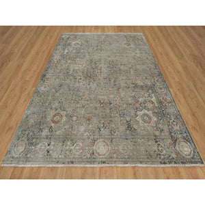7'9"x10' Stone Gray, Broken and Erased Mamluk Design, Hand Knotted, 100% Wool, Densely Woven, Oriental Rug FWR548652