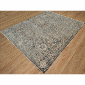 7'9"x10' Stone Gray, Broken and Erased Mamluk Design, Hand Knotted, 100% Wool, Densely Woven, Oriental Rug FWR548652
