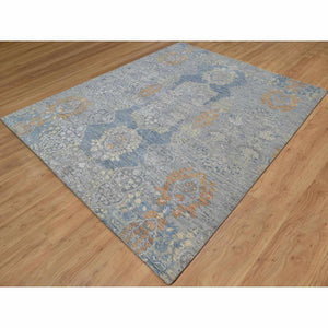 8'x10' Misty Gray, Jewelry Design, Wool with Textured Silk, Tone on Tone, Transitional, Hand Knotted, Oriental Rug FWR548658