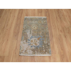 2'x3' Tan Brown, Broken Pattern With Oushak Design, Borderless, Pure Wool, Hand Knotted, Mat, Sample, Oriental Rug FWR548694
