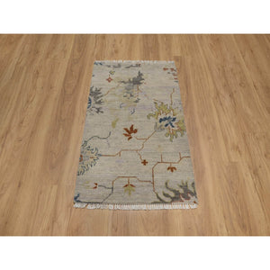 2'1"x3'4" Oyster White, Broken Pattern With Agra Design, Borderless, 100% Wool, Hand Knotted, Mat, Sample, Oriental Rug FWR548706
