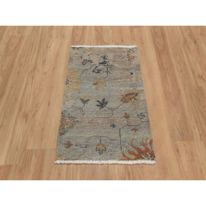 2'1"x3' Misty Gray, Broken Pattern With Oushak Design, Borderless, 100% Wool, Hand Knotted, Mat, Sample, Oriental Rug FWR548730