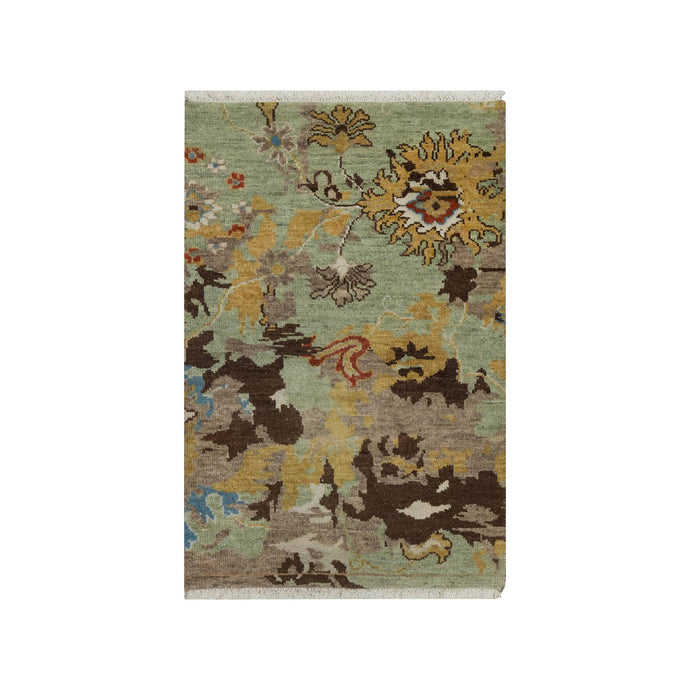 2'x3' Olive Green, Broken Pattern with Oushak Design, 100% Wool, Hand Knotted, Borderless, Mat, Sample, Oriental Rug FWR548760