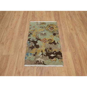 2'x3' Olive Green, Broken Pattern with Oushak Design, 100% Wool, Hand Knotted, Borderless, Mat, Sample, Oriental Rug FWR548760