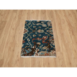 2'1"x3' Yale Blue, Broken Pattern with Oushak Design, 100% Wool, Hand Knotted, Mat, Sample, Oriental Rug FWR548766