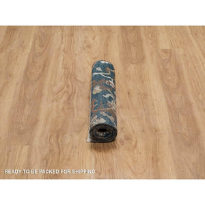 2'1"x3' Yale Blue, Broken Pattern with Oushak Design, 100% Wool, Hand Knotted, Mat, Sample, Oriental Rug FWR548766