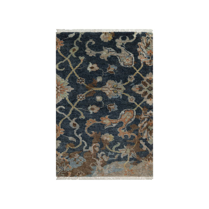 2'x3' Midnight Blue, Broken Pattern with Oushak Design, Borderless, 100% Wool, Hand Knotted, Mat, Sample, Oriental Rug FWR548808