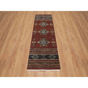 2'7"x7'10" Garnet Red, Southwest American Indian Design with Piled Construction, 100% Wool, Plush and Lush, Hand Knotted, Runner, Oriental Rug FWR548820