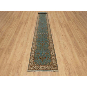 2'9"x19'8" Cerulean Blue, Tabriz Revival, Hand Knotted, Hand Spun New Zealand Wool, 300 KPSI, XL Runner, Oriental Rug FWR548862
