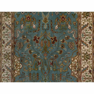 2'9"x19'8" Cerulean Blue, Tabriz Revival, Hand Knotted, Hand Spun New Zealand Wool, 300 Kpsi, Xl Runner, Oriental Rug FWR548862