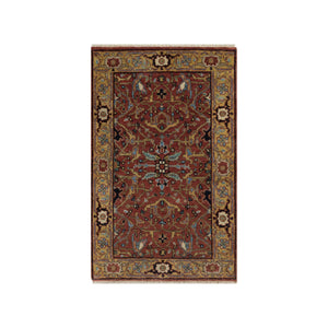 2'1"x3'3" Chili Red, Hand Knotted, Antiqued Fine Heriz Re-Creation with All Over Vines Design, Hand Spun New Zealand Wool, Vegetable Dyes, Mat, Sample, Oriental Rug FWR548904