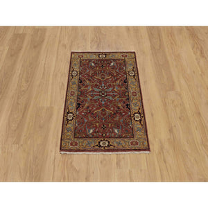 2'1"x3'3" Chili Red, Hand Knotted, Antiqued Fine Heriz Re-Creation with All Over Vines Design, Hand Spun New Zealand Wool, Vegetable Dyes, Mat, Sample, Oriental Rug FWR548904