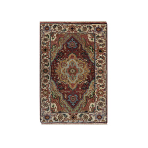 2'1"x3' Brick Red, Antiqued Fine Heriz Re-Creation, Medallion Design, Hand Knotted, Soft Pile, Hand Spun New Zealand Wool, Vegetable Dyes, Mat, Sample, Oriental Rug FWR548958
