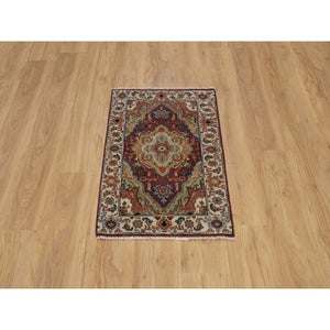 2'1"x3' Brick Red, Antiqued Fine Heriz Re-Creation, Medallion Design, Hand Knotted, Soft Pile, Hand Spun New Zealand Wool, Vegetable Dyes, Mat, Sample, Oriental Rug FWR548958