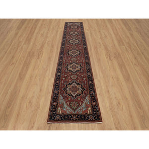 2'7"x14'3" Chili Red, Antiqued Fine Heriz Re-Creation, Hand Knotted, Hand Spun New Zealand Wool, Soft Pile, Denser Weave, Vegetable Dyes, XL Runner, Oriental Rug FWR548970
