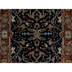 2'7"x8'1" Caviar Blue, Antiqued Fine Heriz Re-Creation with All Over Vines Design, Hand Spun New Zealand Wool, Hand Knotted, Vegetable Dyes, Runner, Oriental Rug FWR549006