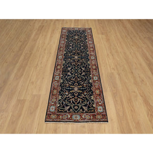 2'7"x8'3" Midnight Blue, Antiqued Fine Heriz Re-Creation with All Over Vines Design, Hand Knotted, Hand Spun New Zealand Wool, Vegetable Dyes, Runner, Oriental Rug FWR549030