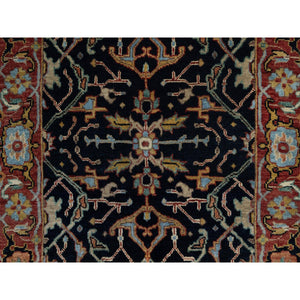 2'7"x8'3" Midnight Blue, Antiqued Fine Heriz Re-Creation with All Over Vines Design, Hand Knotted, Hand Spun New Zealand Wool, Vegetable Dyes, Runner, Oriental Rug FWR549030