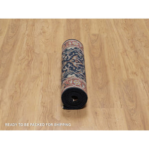 2'7"x8'3" Midnight Blue, Antiqued Fine Heriz Re-Creation with All Over Vines Design, Hand Knotted, Hand Spun New Zealand Wool, Vegetable Dyes, Runner, Oriental Rug FWR549030
