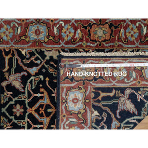 2'7"x8'3" Midnight Blue, Antiqued Fine Heriz Re-Creation with All Over Vines Design, Hand Knotted, Hand Spun New Zealand Wool, Vegetable Dyes, Runner, Oriental Rug FWR549030