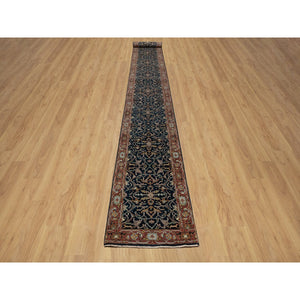 2'6"x20'1" Midnight Blue, Hand Knotted, Antiqued Fine Heriz Re-Creation with All Over Vines Design, Hand Spun New Zealand Wool, Soft Pile, Vegetable Dyes, XL Runner, Oriental Rug FWR549072