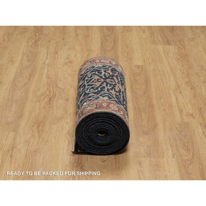 2'6"x20'1" Midnight Blue, Hand Knotted, Antiqued Fine Heriz Re-Creation with All Over Vines Design, Hand Spun New Zealand Wool, Soft Pile, Vegetable Dyes, XL Runner, Oriental Rug FWR549072