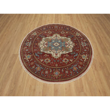 Load image into Gallery viewer, 6&#39;x6&#39; Salsa Red, Antiqued Fine Heriz Re-Creation, Medallion Design, Hand Knotted, Soft Pile, Hand Spun New Zealand Wool, Vegetable Dyes, Round, Oriental Rug FWR549078
