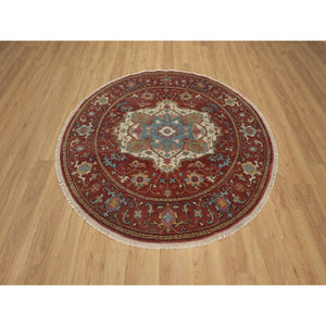 6'x6' Salsa Red, Antiqued Fine Heriz Re-Creation, Medallion Design, Hand Knotted, Soft Pile, Hand Spun New Zealand Wool, Vegetable Dyes, Round, Oriental Rug FWR549078