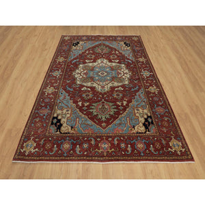 6'x9'2" Chili Red, Antiqued Fine Heriz Re-creation, Medallion Design, Hand Knotted, Soft Pile, Hand Spun New Zealand Wool, Vegetable Dyes, Oriental Rug FWR549090