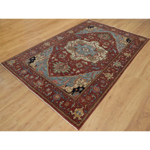 6'x9'2" Chili Red, Antiqued Fine Heriz Re-creation, Medallion Design, Hand Knotted, Soft Pile, Hand Spun New Zealand Wool, Vegetable Dyes, Oriental Rug FWR549090