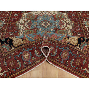 6'x9'2" Chili Red, Antiqued Fine Heriz Re-creation, Medallion Design, Hand Knotted, Soft Pile, Hand Spun New Zealand Wool, Vegetable Dyes, Oriental Rug FWR549090