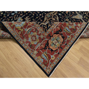 9'x12'1" Caviar Blue, Antiqued Fine Heriz Re-Creation with All Over Vines Design, Soft Pile, Hand Spun New Zealand Wool, Hand Knotted, Vegetable Dyes, Oriental Rug FWR549102