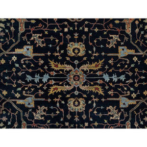 9'x12'1" Caviar Blue, Antiqued Fine Heriz Re-Creation with All Over Vines Design, Soft Pile, Hand Spun New Zealand Wool, Hand Knotted, Vegetable Dyes, Oriental Rug FWR549102