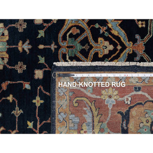 9'x12'1" Caviar Blue, Antiqued Fine Heriz Re-Creation with All Over Vines Design, Soft Pile, Hand Spun New Zealand Wool, Hand Knotted, Vegetable Dyes, Oriental Rug FWR549102