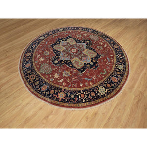 10'x10' Barn Red, Antiqued Fine Heriz Re-creation, Hand Knotted, Hand Spun New Zealand Wool, Soft Pile, Vegetable Dyes, Denser Weave, Round, Oriental Rug FWR549108