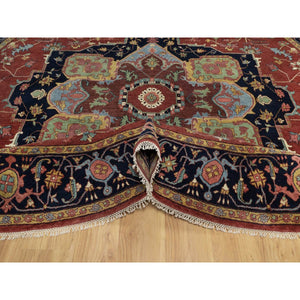 10'x10' Barn Red, Antiqued Fine Heriz Re-Creation, Hand Knotted, Hand Spun New Zealand Wool, Soft Pile, Vegetable Dyes, Denser Weave, Round, Oriental Rug FWR549108