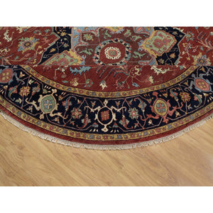 10'x10' Barn Red, Antiqued Fine Heriz Re-Creation, Hand Knotted, Hand Spun New Zealand Wool, Soft Pile, Vegetable Dyes, Denser Weave, Round, Oriental Rug FWR549108