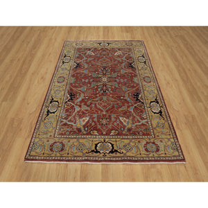 5'2"x7'2" Brick Red, Antiqued Fine Heriz Re-Creation with All Over Vines Design, Soft Pile, Hand Knotted, Hand Spun New Zealand Wool, Vegetable Dyes, Oriental Rug FWR549114