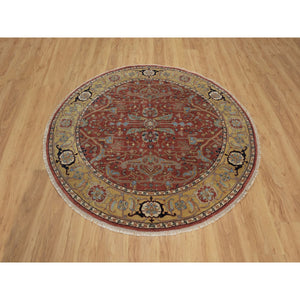 6'2"x6'2" Barn Red, Antiqued Fine Heriz Re-Creation with All Over Vines Design, Hand Knotted, Hand Spun New Zealand Wool, Soft Pile, Vegetable Dyes, Round, Oriental Rug FWR549126