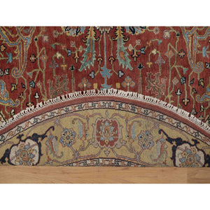 6'2"x6'2" Barn Red, Antiqued Fine Heriz Re-Creation with All Over Vines Design, Hand Knotted, Hand Spun New Zealand Wool, Soft Pile, Vegetable Dyes, Round, Oriental Rug FWR549126