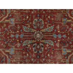 6'2"x6'2" Barn Red, Antiqued Fine Heriz Re-Creation with All Over Vines Design, Hand Knotted, Hand Spun New Zealand Wool, Soft Pile, Vegetable Dyes, Round, Oriental Rug FWR549126