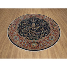 Load image into Gallery viewer, 7&#39;10&quot;x7&#39;10&quot; Midnight Blue, Antiqued Fine Heriz Re-creation With All Over Vines Design, Hand Knotted, Hand Spun New Zealand Wool, Vegetable Dyes, Round, Oriental Rug FWR549132