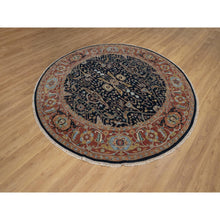 Load image into Gallery viewer, 7&#39;10&quot;x7&#39;10&quot; Midnight Blue, Antiqued Fine Heriz Re-creation With All Over Vines Design, Hand Knotted, Hand Spun New Zealand Wool, Vegetable Dyes, Round, Oriental Rug FWR549132