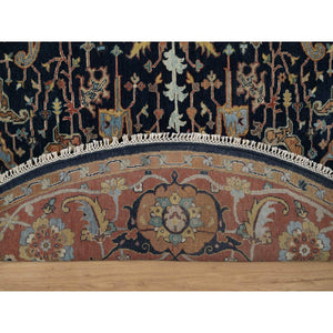 7'10"x7'10" Midnight Blue, Antiqued Fine Heriz Re-creation With All Over Vines Design, Hand Knotted, Hand Spun New Zealand Wool, Vegetable Dyes, Round, Oriental Rug FWR549132