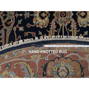 7'10"x7'10" Midnight Blue, Antiqued Fine Heriz Re-creation With All Over Vines Design, Hand Knotted, Hand Spun New Zealand Wool, Vegetable Dyes, Round, Oriental Rug FWR549132