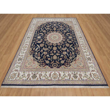 Load image into Gallery viewer, 7&#39;10&quot;x10&#39;3&quot; Midnight Blue, Nain with Flower Medallion Design, Soft Pile, Wool and Silk, Hand Knotted, 250 KPSI, Oriental Rug FWR549138