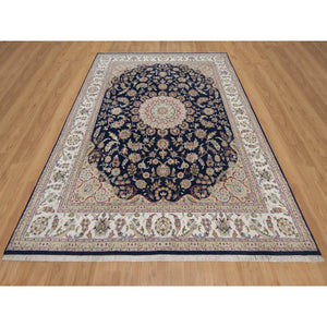 7'10"x10'3" Midnight Blue, Nain with Flower Medallion Design, Soft Pile, Wool and Silk, Hand Knotted, 250 KPSI, Oriental Rug FWR549138