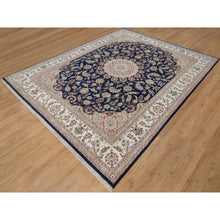 Load image into Gallery viewer, 7&#39;10&quot;x10&#39;3&quot; Midnight Blue, Nain with Flower Medallion Design, Soft Pile, Wool and Silk, Hand Knotted, 250 KPSI, Oriental Rug FWR549138