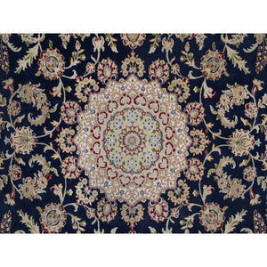 7'10"x10'3" Midnight Blue, Nain with Flower Medallion Design, Soft Pile, Wool and Silk, Hand Knotted, 250 KPSI, Oriental Rug FWR549138